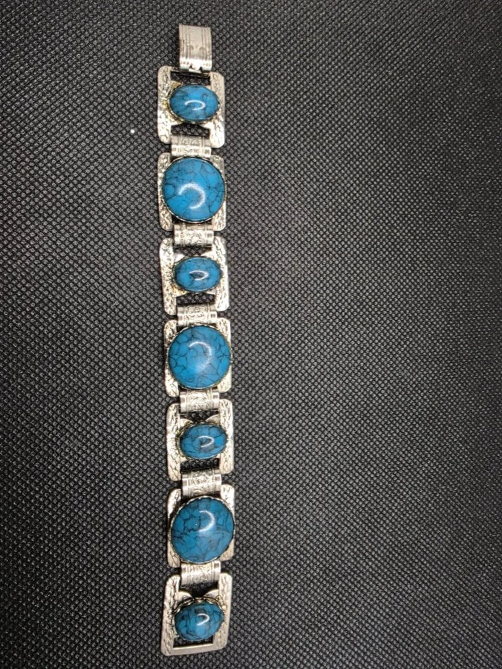 Vintage Silver Tone Faux Turquoise Panel Link Bracelet 7